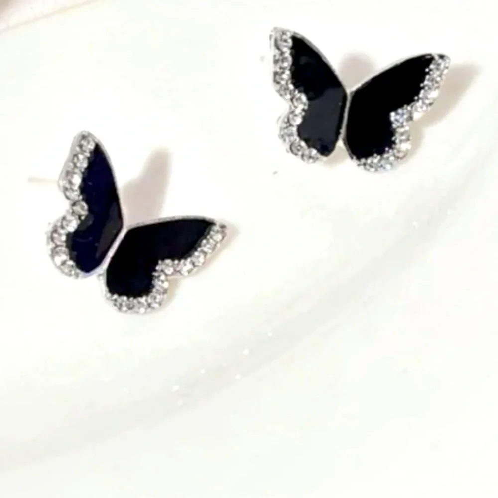 Black Cubic Zirconia Butterfly Stud Earrings, Black Butterfly Earrings